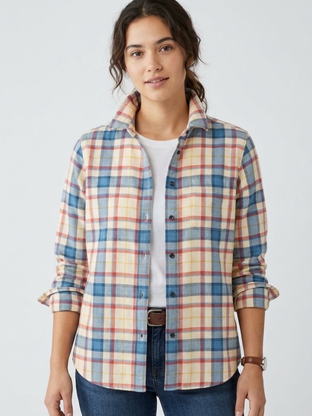 LL Bean Scotch Plaid Flannel Shirt Relaxed Fit Women M Bean of Freeport Cream
